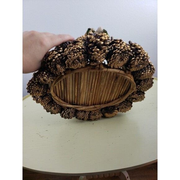 Homemade Gold Pine cone real wood twig bottom basket. - Picture 8 of 11